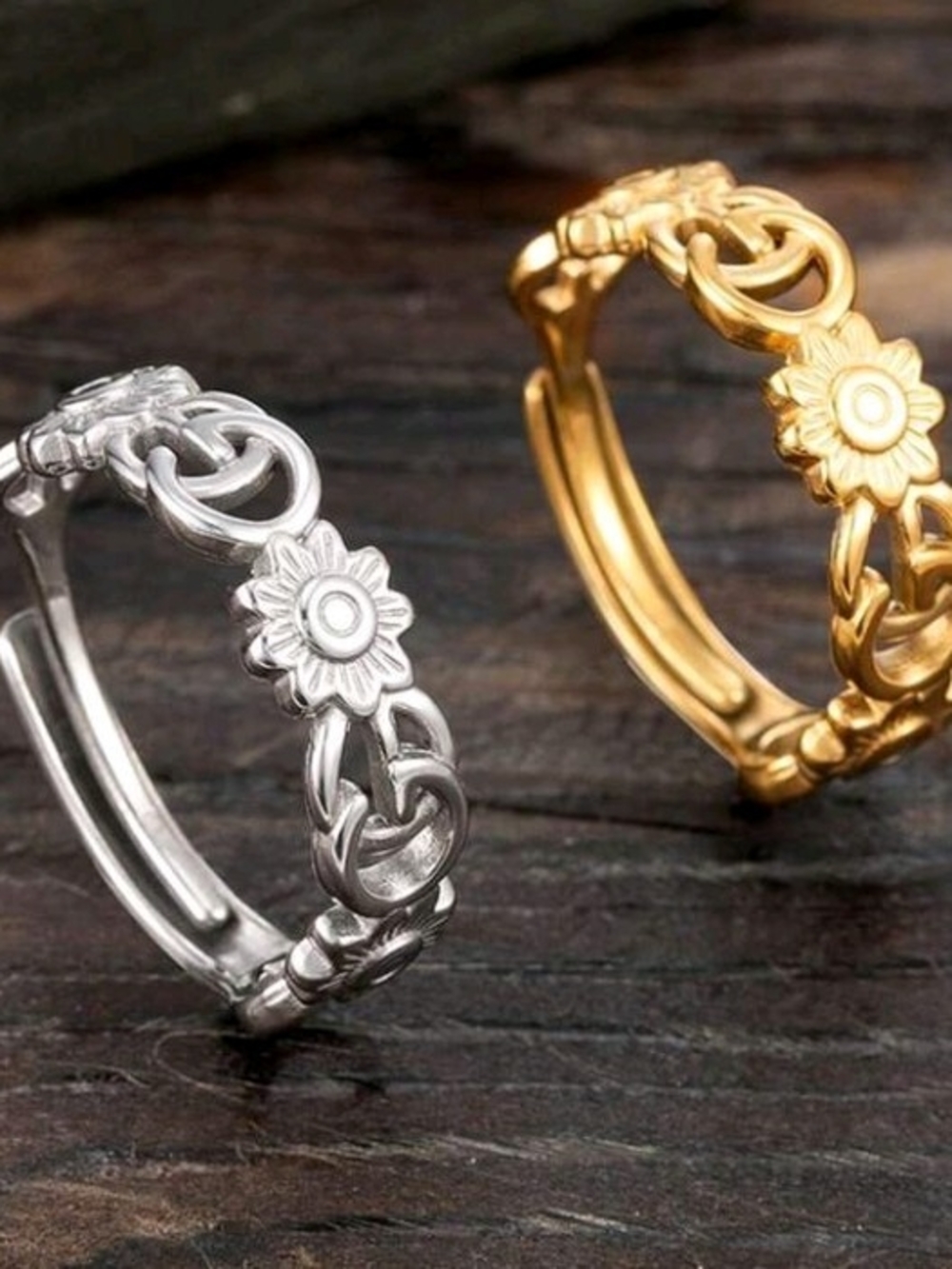 Floral GG Open Band Ring - Gold & Silver Set